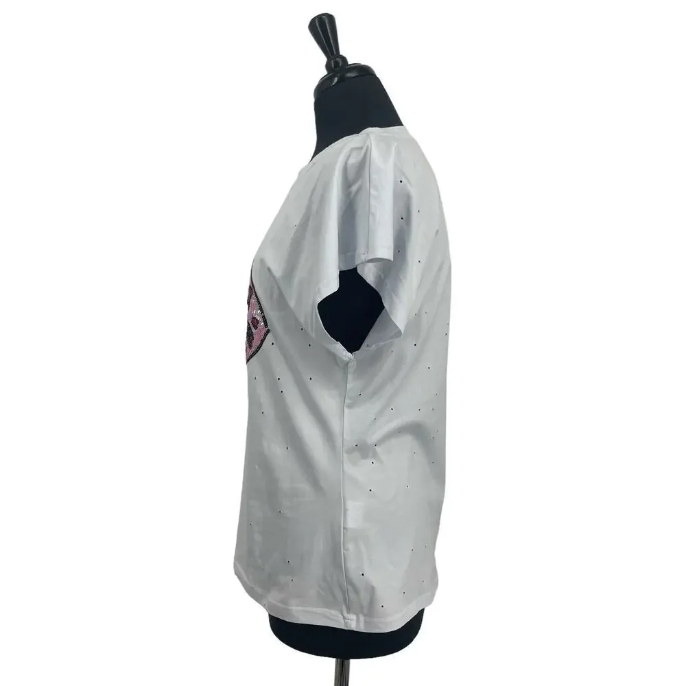 Balboa Women’s White Sequins Heart Lip Holes All Over Short Sleeve Tee T-shirt - Picture 2 of 11